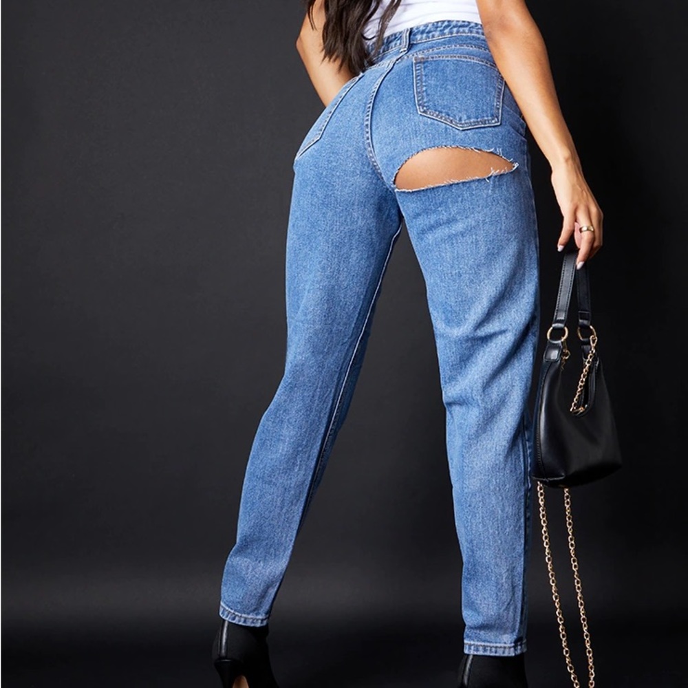 Prettylittlething Butt Slit Jeans Womens Size 8 Straight Leg Dark Wash Blue